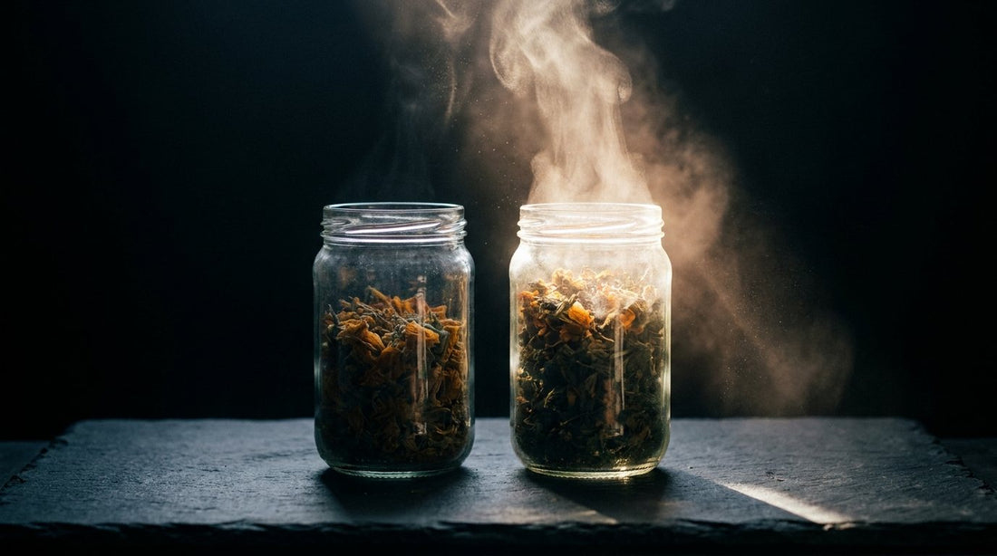 Two jars of dried herb backlit on dark slate, one flat and lifeless, the other wrapped in warm aromatic haze