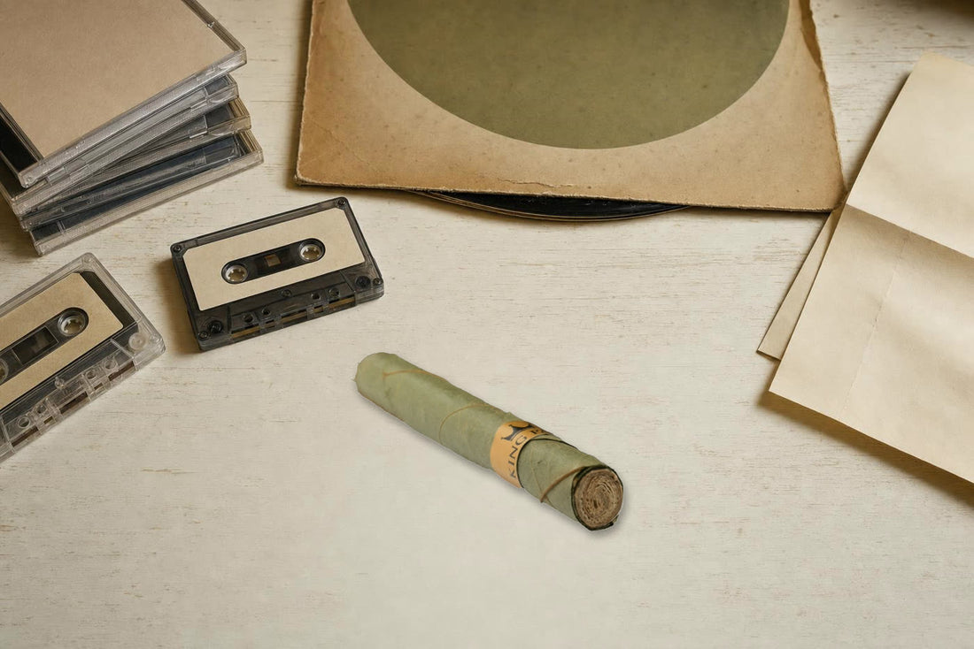 A stack of blank jewel cases and cassettes beside a King Palm roll on a cream table