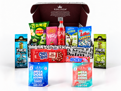 King Palm Active Snack Box open, with 2 Diamond Infused palm rolls, 2 Mega Dose gummy packs and imported snacks