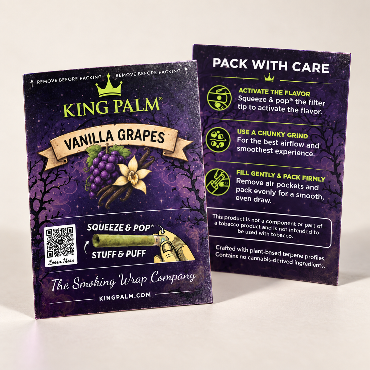 Witches Brew Vanilla Grapes pack-with-care insert card, front and back, with squeeze and pop instructions