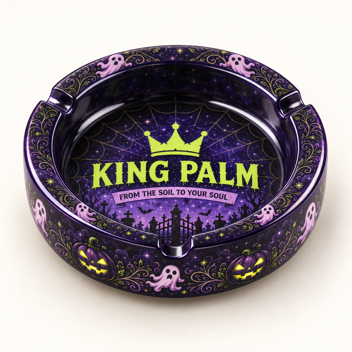 King Palm Hazy Halloween glass ashtray with ghosts, pumpkins and gold web detail