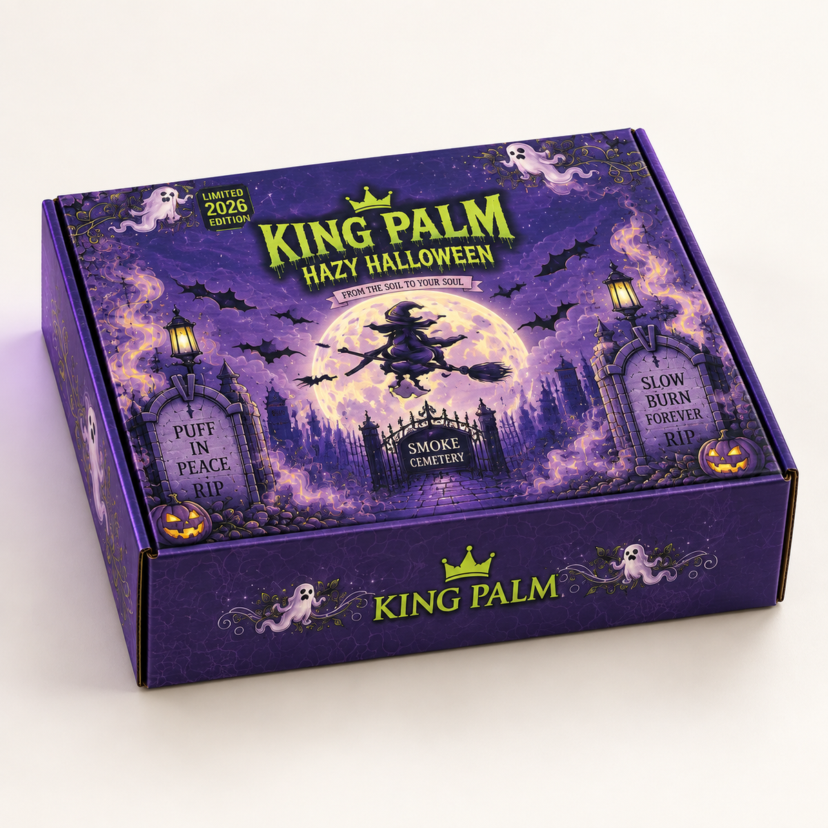 King Palm Hazy Halloween Box 2026 closed, purple Smoke Cemetery artwork with witch, ghosts and jack-o-lanterns