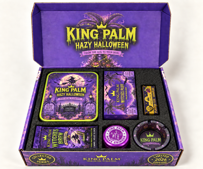 King Palm Hazy Halloween Box 2026 open, showing the Witches Puff bubbler, rolling tray, grape flavor tips, Witches Brew pouch, Mars grinder and glass ashtray