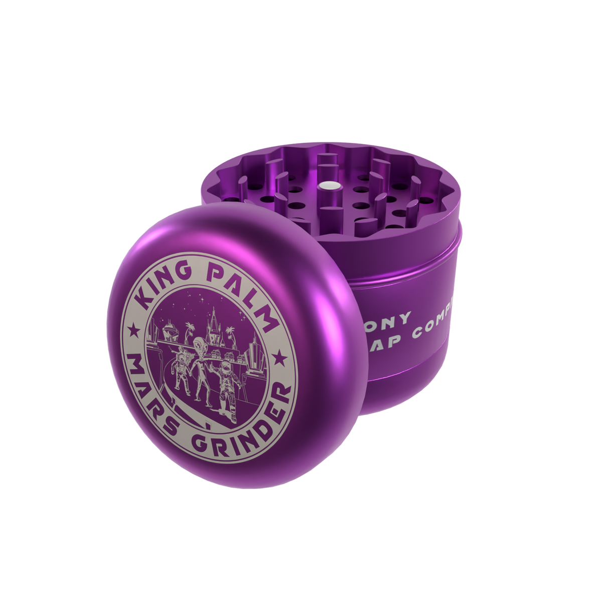 King Palm purple Mars grinder, open