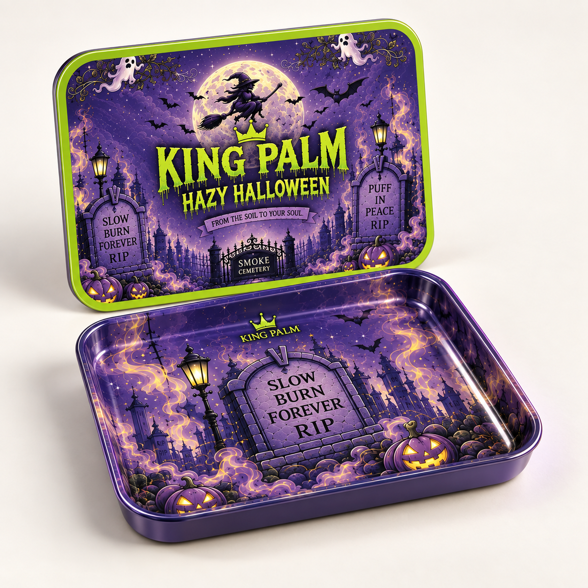King Palm Hazy Halloween rolling tray tin with lid, Smoke Cemetery artwork