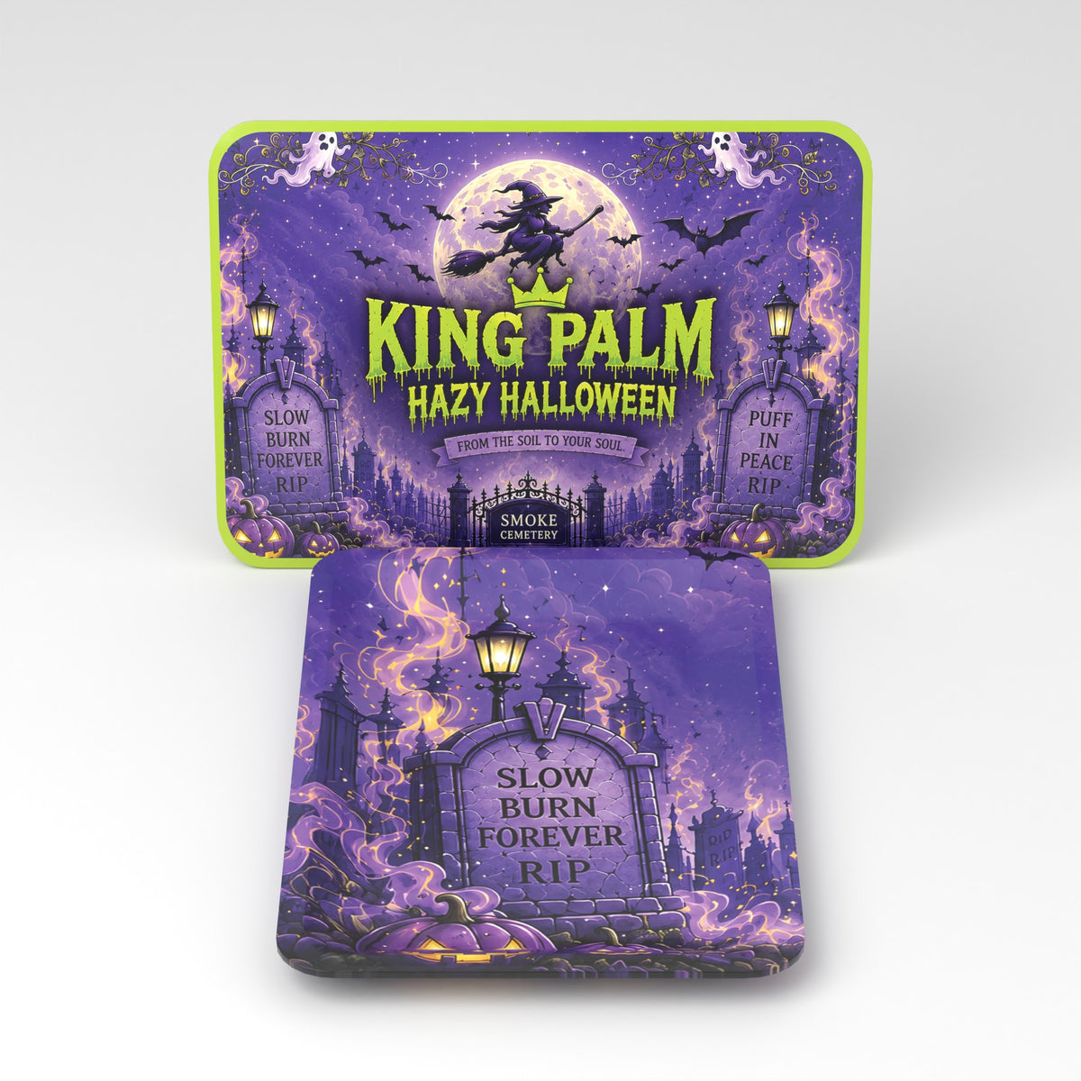 King Palm Hazy Halloween rolling tray with its magnetic lid standing behind it, purple cemetery art and SLOW BURN FOREVER RIP tombstone