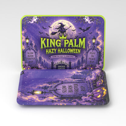 King Palm Hazy Halloween rolling tray turned sideways with the magnetic lid behind it, lime green rim