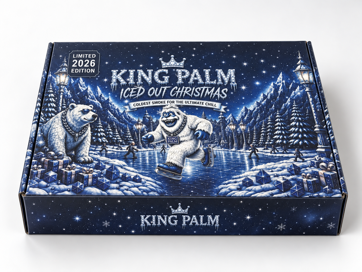 King Palm Iced Out Christmas Box closed, limited 2026 edition, yeti and polar bear on a frozen ice rink