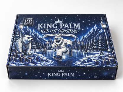 King Palm Iced Out Christmas Box closed, limited 2026 edition, yeti and polar bear on a frozen ice rink