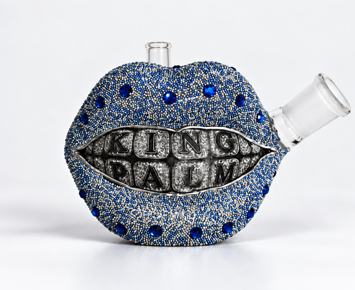 King Palm Winter Grillz palm bubbler, glass lips with a blue beaded iced-out finish and KING PALM grill