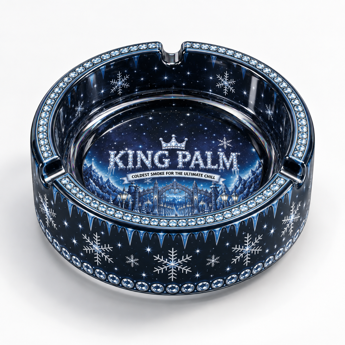 King Palm Iced Out Christmas glass ashtray with a jeweled rim