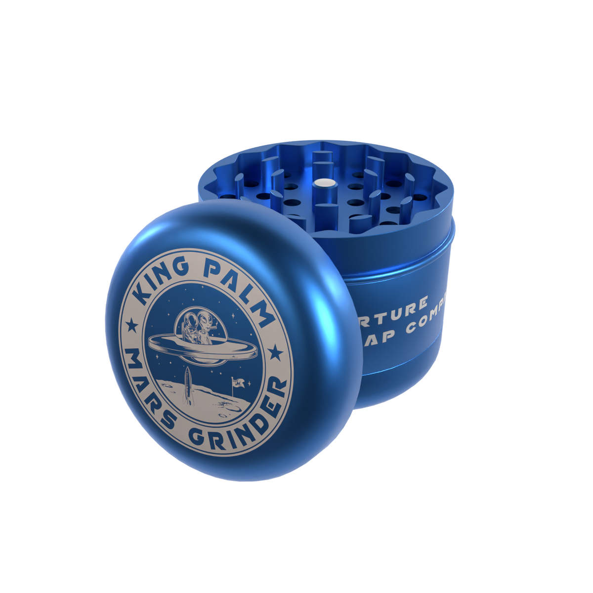 King Palm blue Mars grinder, open