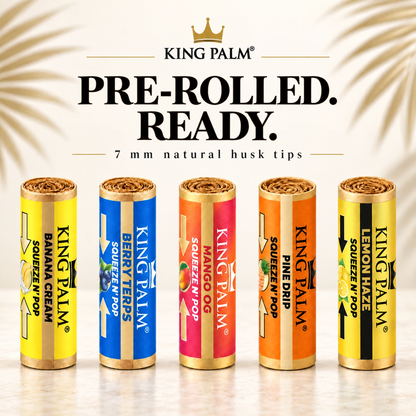 King Palm pre-rolled 7mm natural husk terpene tips in Banana Cream, Berry Terps, Mango OG, Pine Drip and Lemon Haze