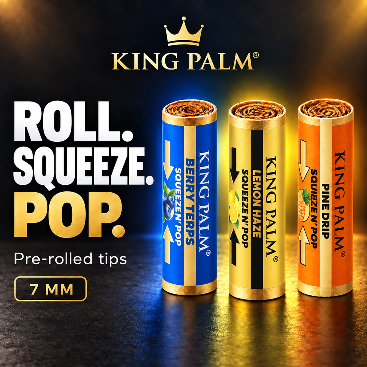 Roll. Squeeze. Pop. King Palm 7mm terpene tips in Berry Terps, Lemon Haze and Pine Drip