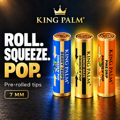 Roll. Squeeze. Pop. King Palm 7mm terpene tips in Berry Terps, Lemon Haze and Pine Drip