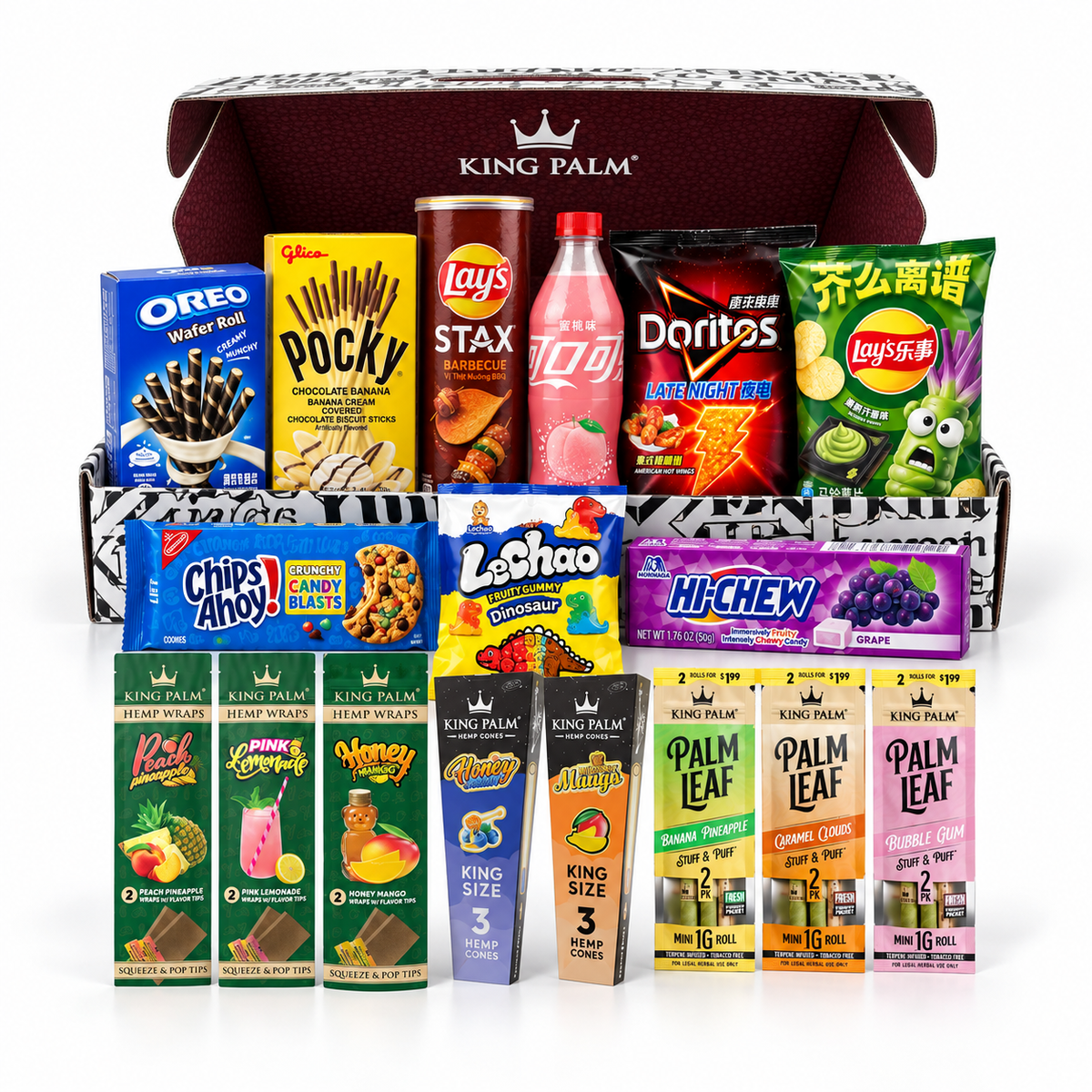 King Palm Snack Pack open, with imported snacks, King Palm hemp wraps, hemp cones and Limited Edition Mini Rolls