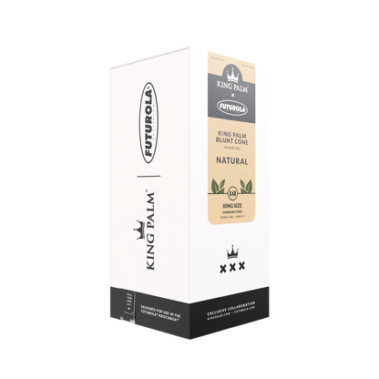King Palm x Futurola Blunt Cone tower box, angled view showing the Futurola panel