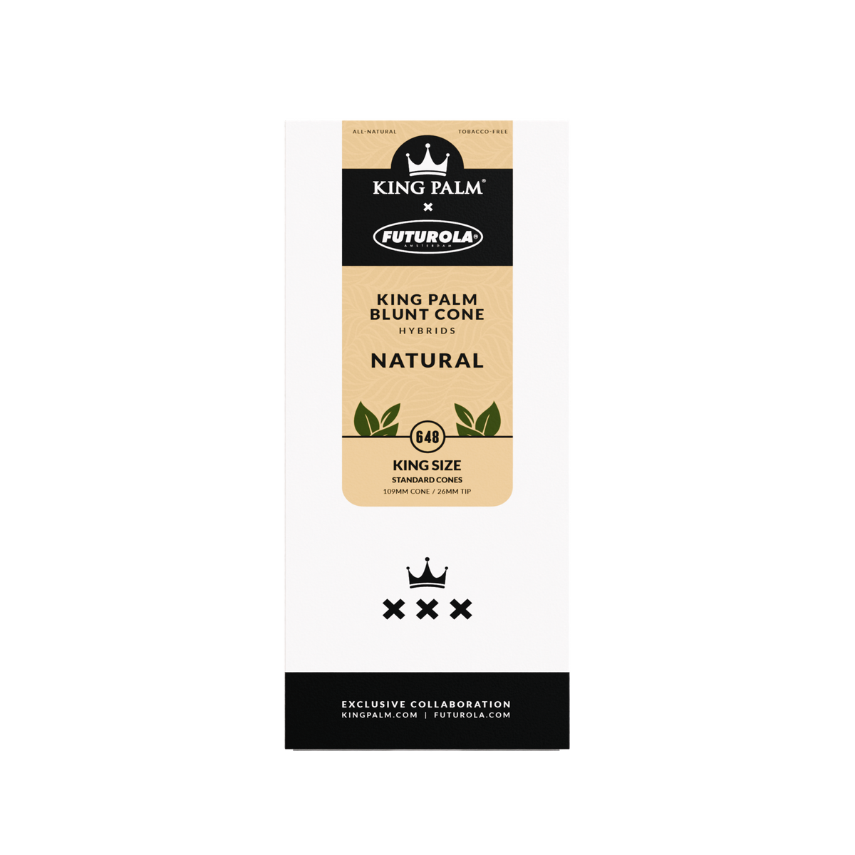 King Palm x Futurola Blunt Cone tower box, front — Hybrids Natural, King Size, 648 cones