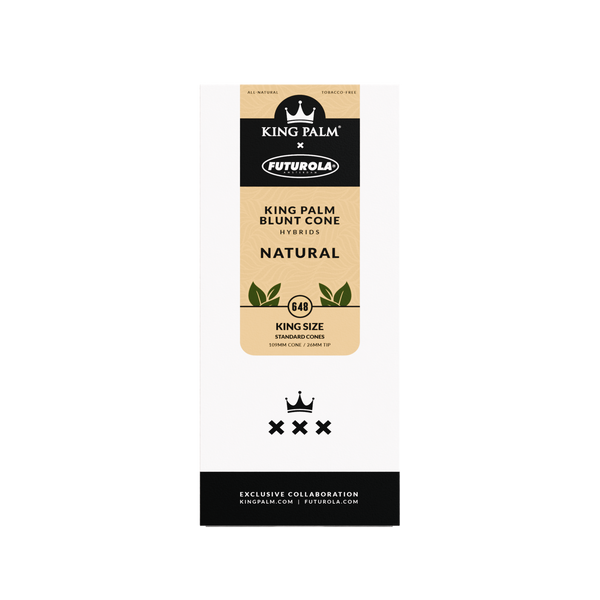 King Palm x Futurola Blunt Cone tower box, front — Hybrids Natural, King Size, 648 cones