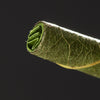 Macro of the King Palm x Futurola cone's filter tip: a folded green paper tip inside the rolled palm leaf