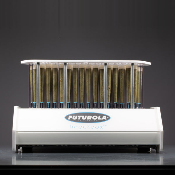 Futurola Knockbox 100 loaded with 100 King Palm x Futurola palm leaf cones, front view