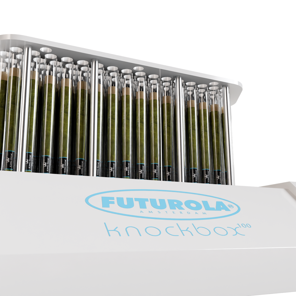Close up of palm leaf cones standing in a Futurola Knockbox 100 rack