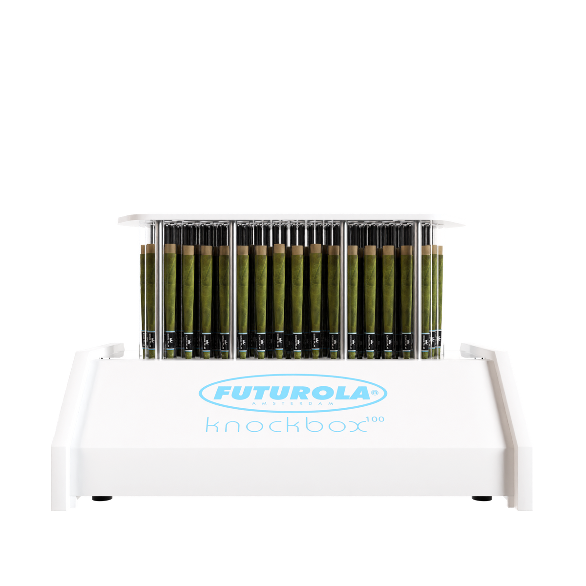 Futurola Knockbox 100 loaded with King Palm x Futurola palm leaf cones, front view