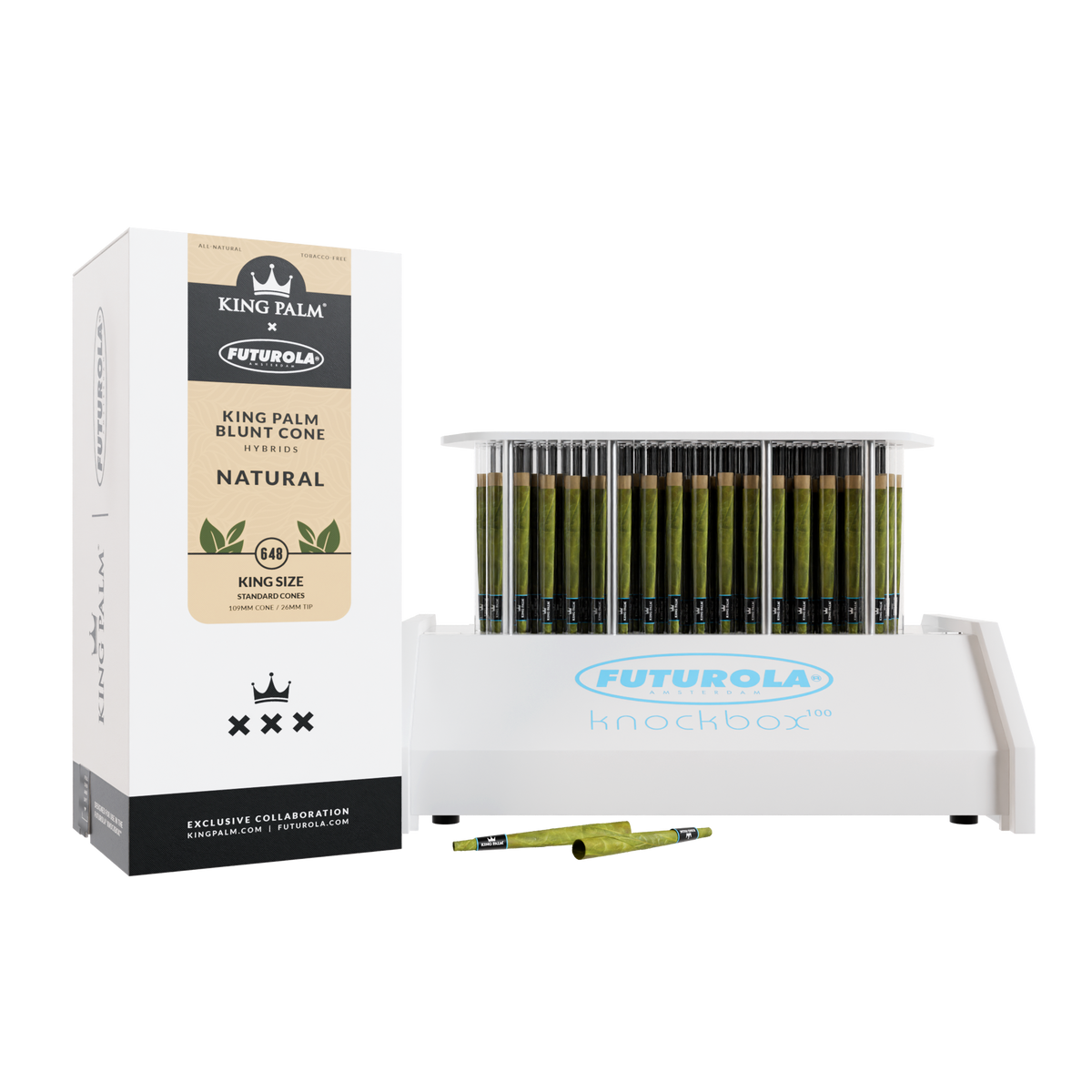 King Palm x Futurola tower box beside a loaded Futurola Knockbox 100