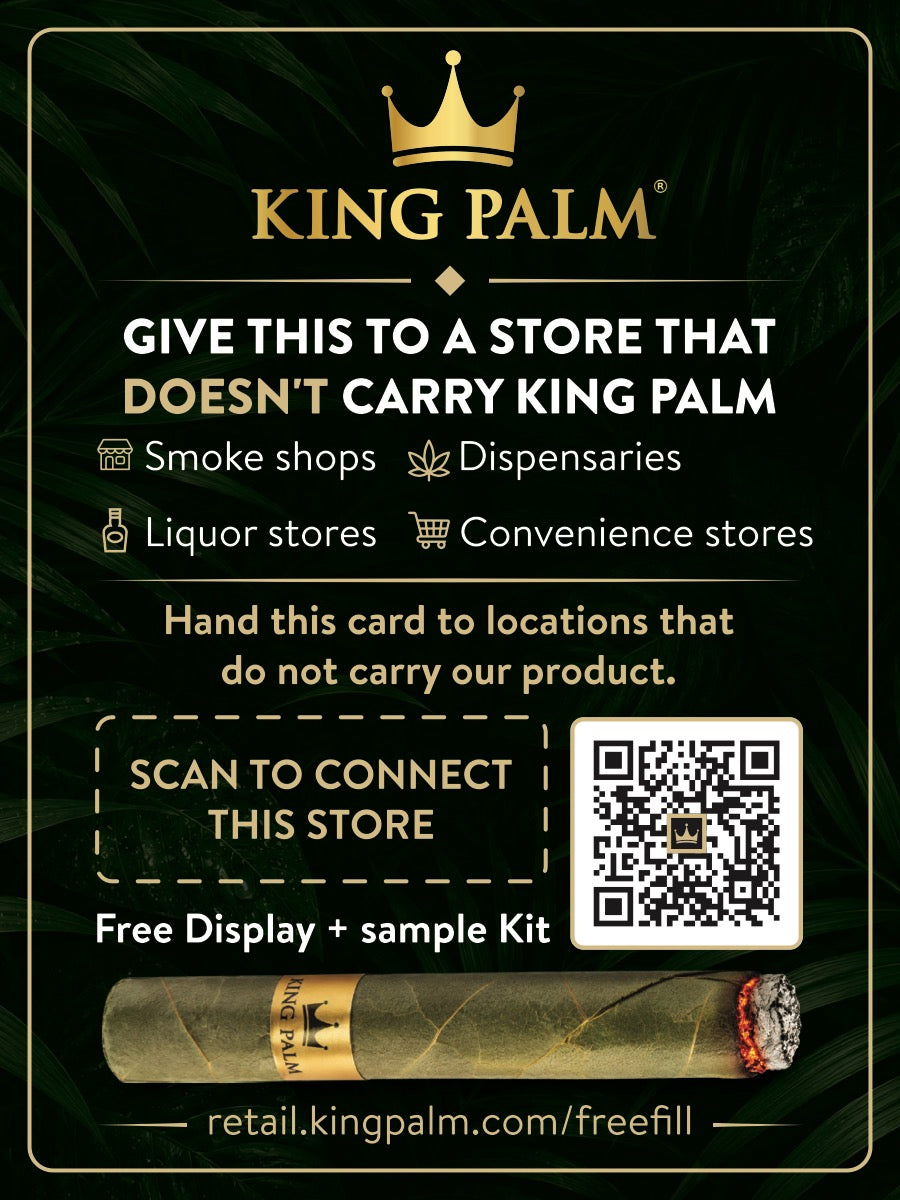 The shop side of the King Palm referral card: give this to a store that doesn't carry King Palm, with a QR code to connect the store.