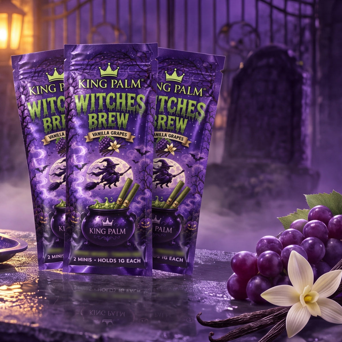 Three King Palm Witches Brew Vanilla Grapes pouches with grapes and vanilla in a moonlit cemetery