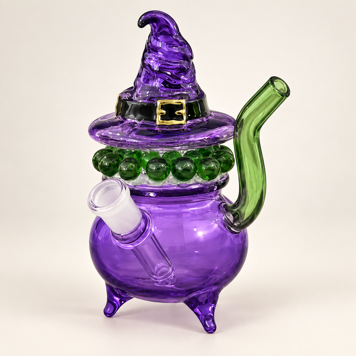 King Palm Witches Puff palm bubbler, hand-blown purple cauldron with witch hat lid and green glass arm